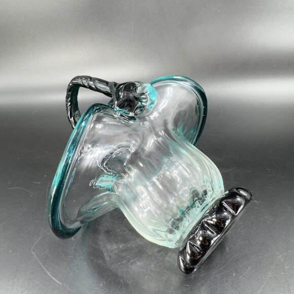 Hand Blown Glass Basket Bowl With Dark Green Edges Handle And Clear Center VTG - Picture 8 of 15